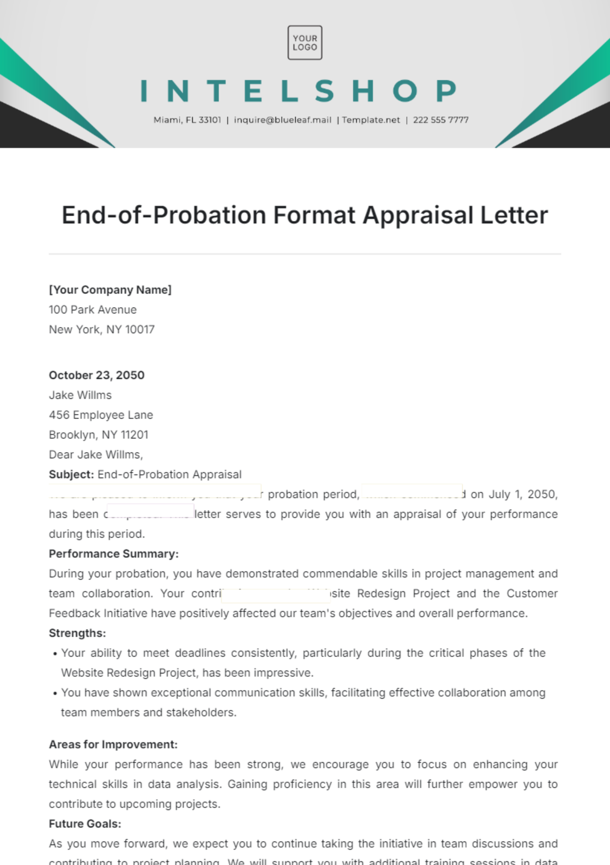 End-of-Probation Format Appraisal Letter Template - Edit Online & Download