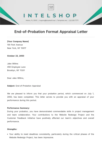 Free End-of-Probation Format Appraisal Letter Template to Edit Online
