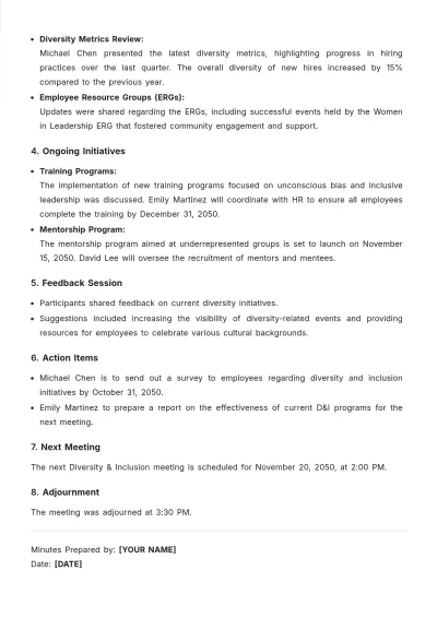 Free Diversity & Inclusion Meeting Minute HR Template to Edit Online