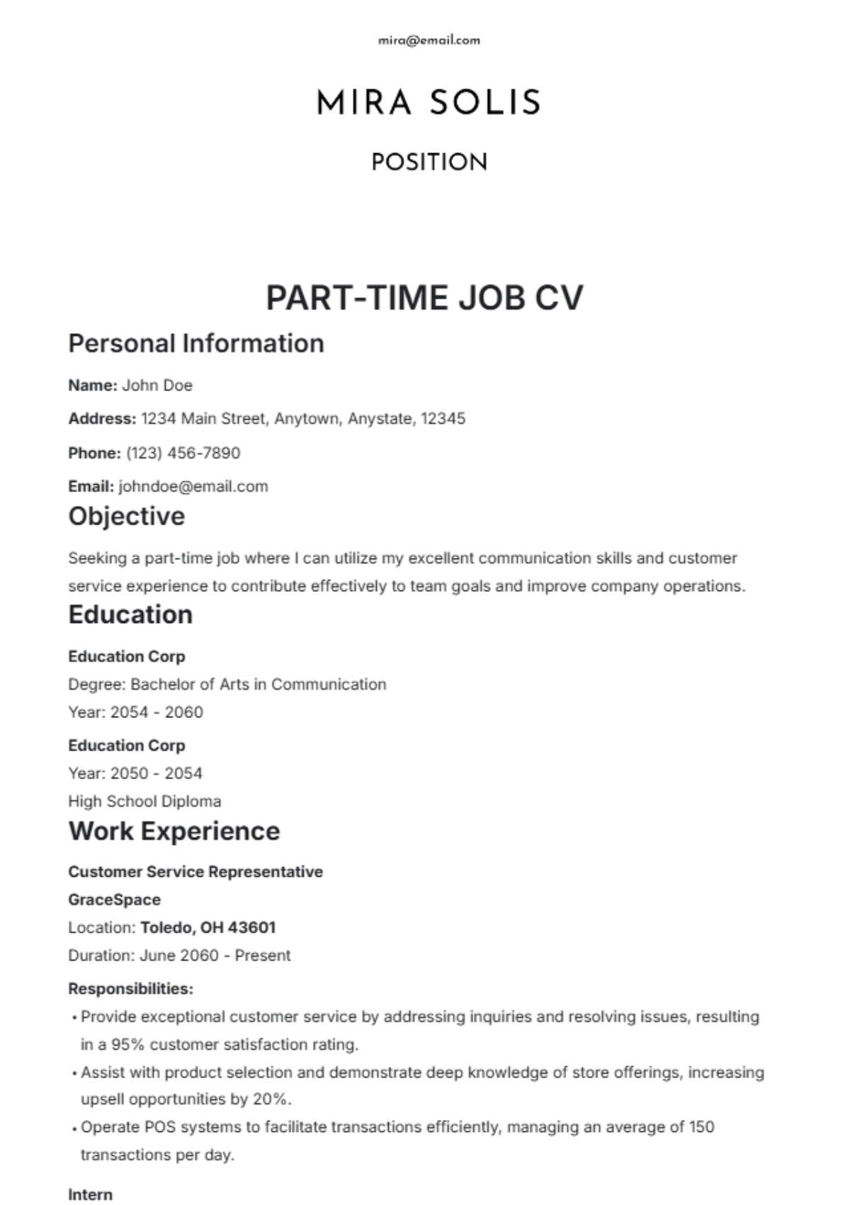 Part-Time Job CV Template - Edit Online & Download