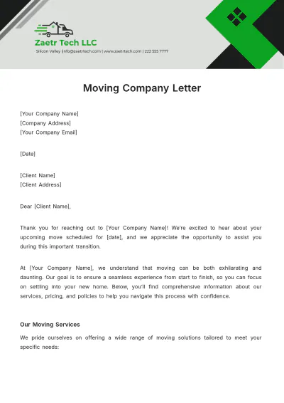 Free Moving Company Letter Template to Edit Online