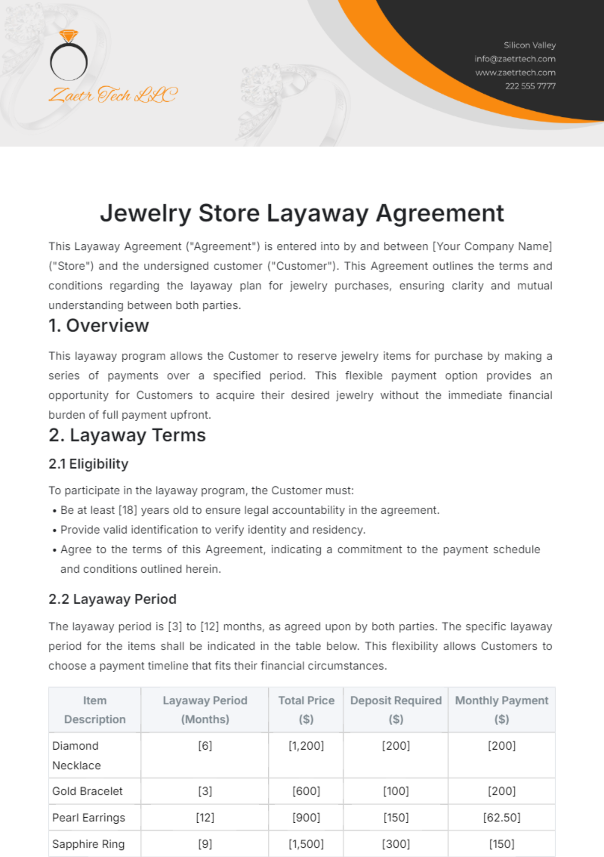 Jewelry Store Layaway Agreement Template