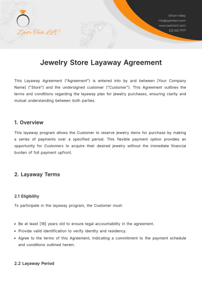 Free Jewelry Store Layaway Agreement Template to Edit Online