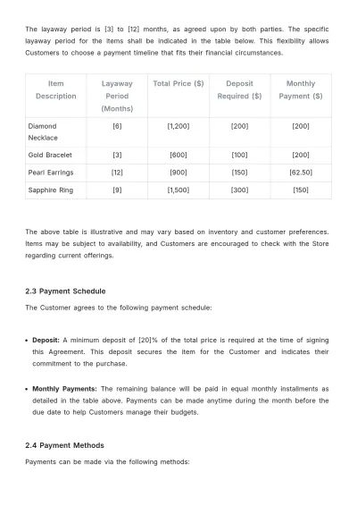 Free Jewelry Store Layaway Agreement Template to Edit Online