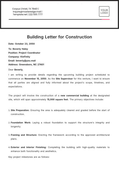Free Building Letter Template for Construction to Edit Online