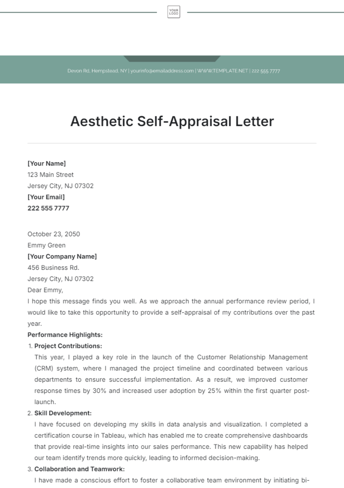 Aesthetic Self-Appraisal Letter Template - Edit Online & Download