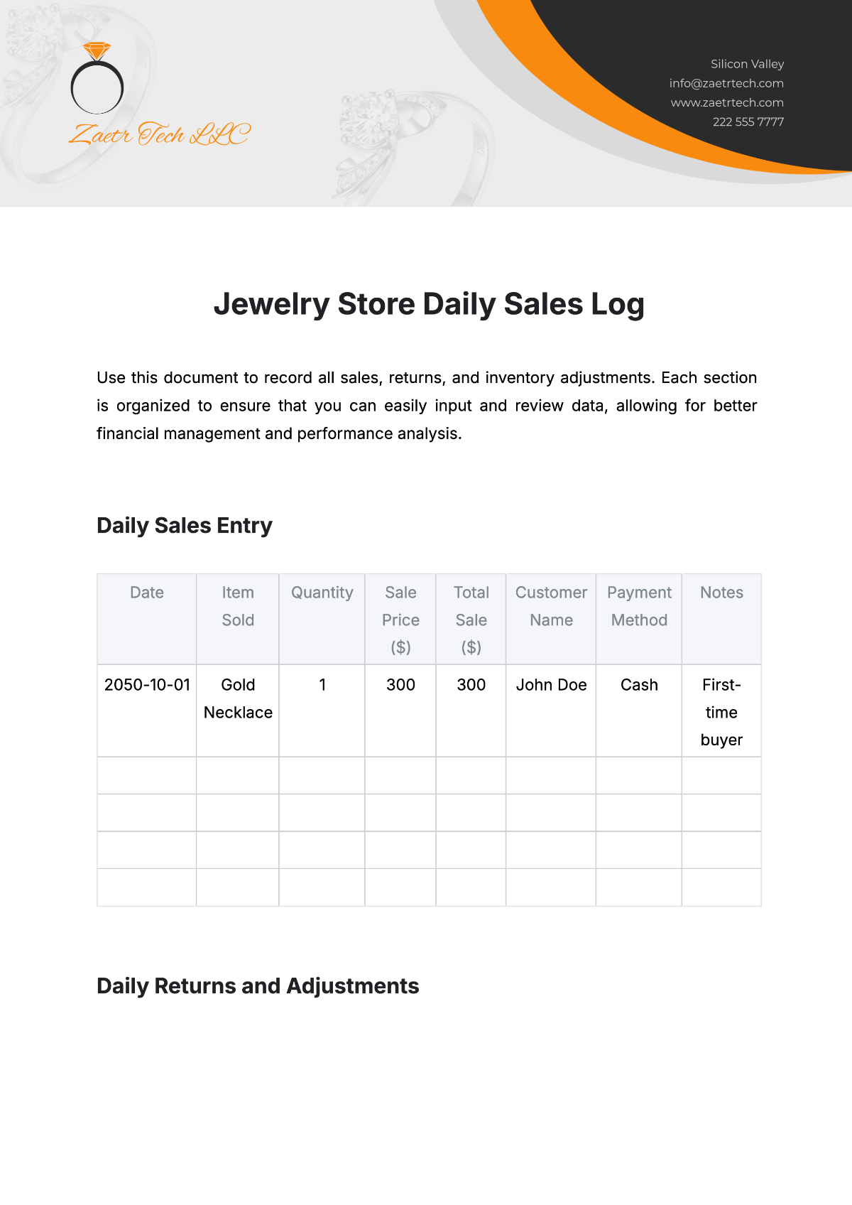 Jewelry Store Daily Sales Log Template - Edit Online & Download