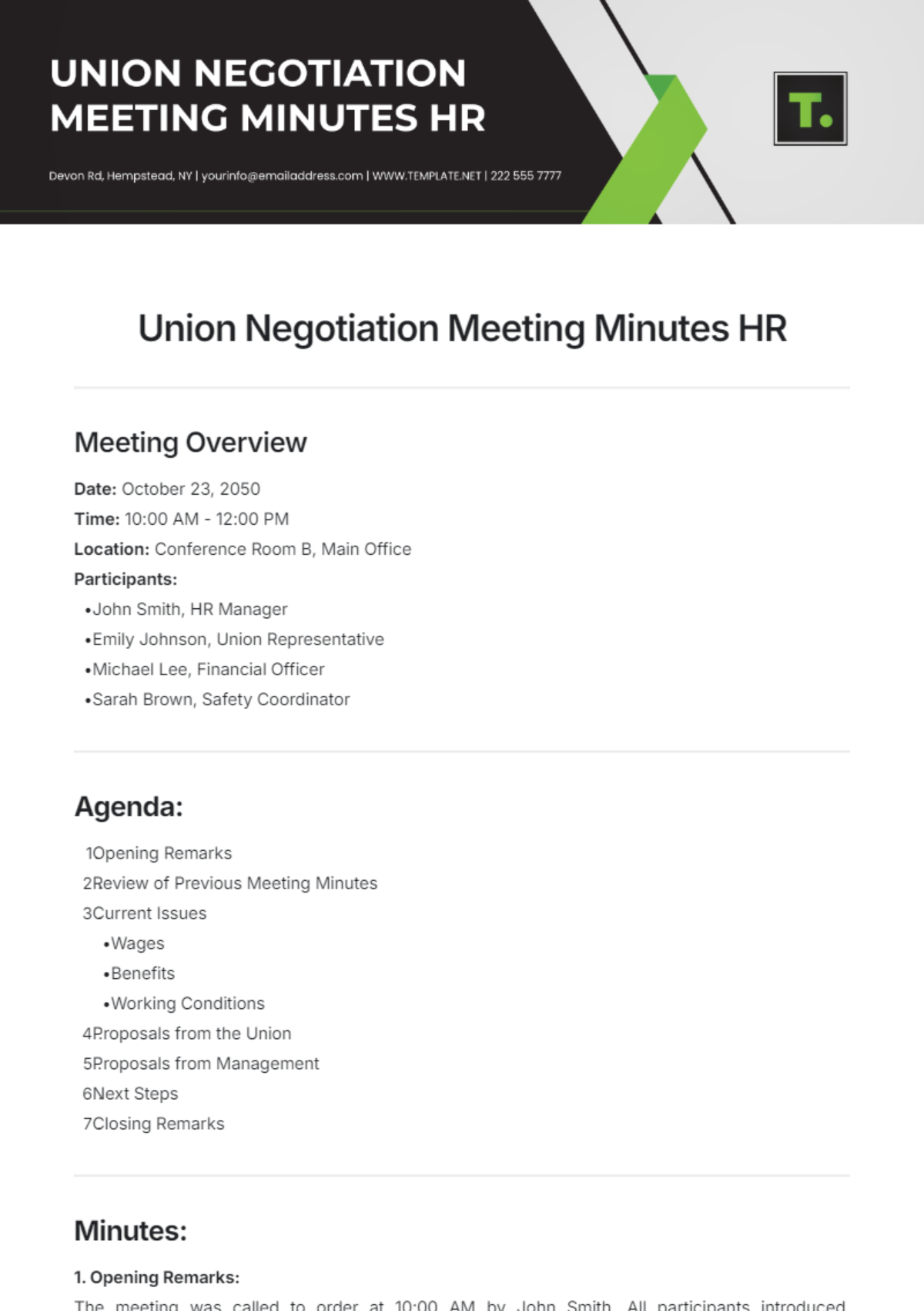 Union Negotiation Meeting Minutes HR Template - Edit Online & Download