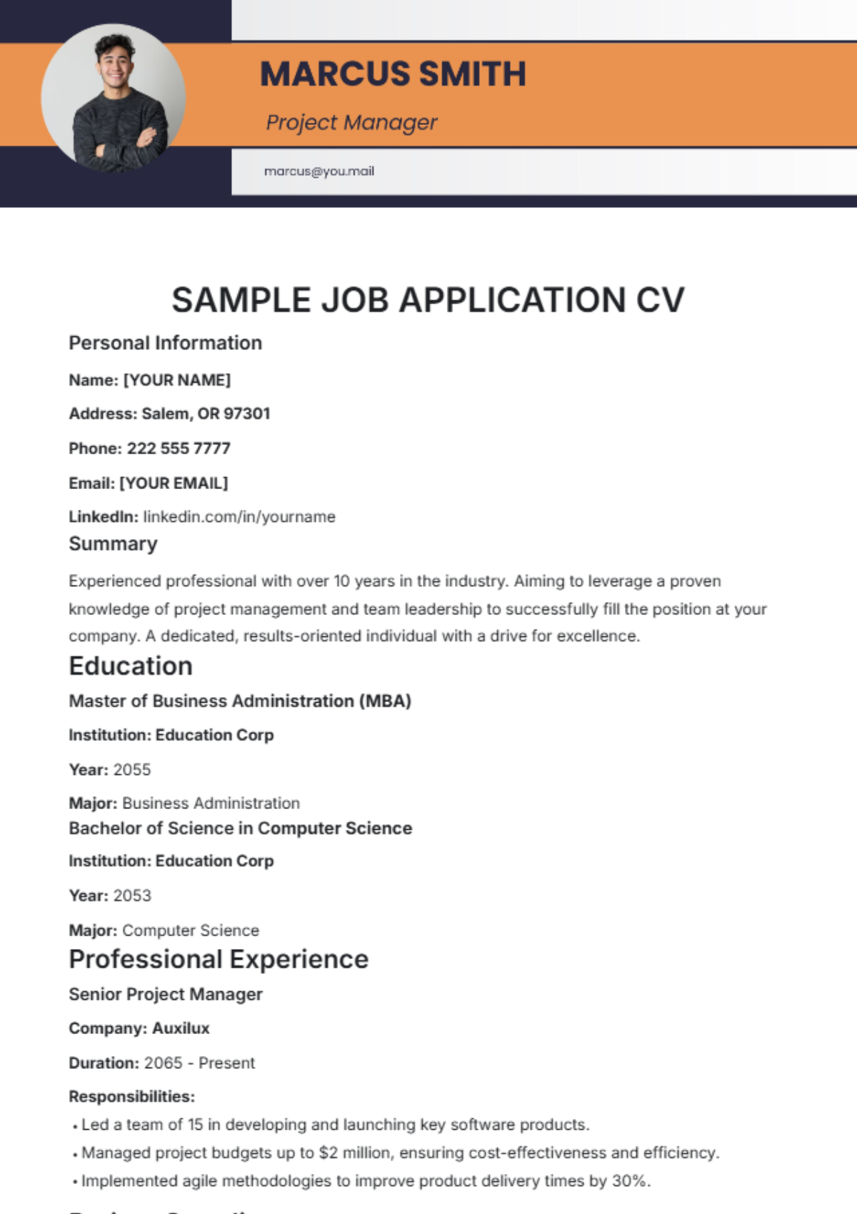 Sample Job Application CV Template - Edit Online & Download