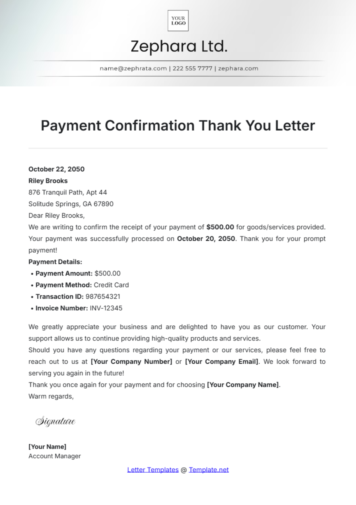 Payment Confirmation Thank You Letter Template - Edit Online & Download