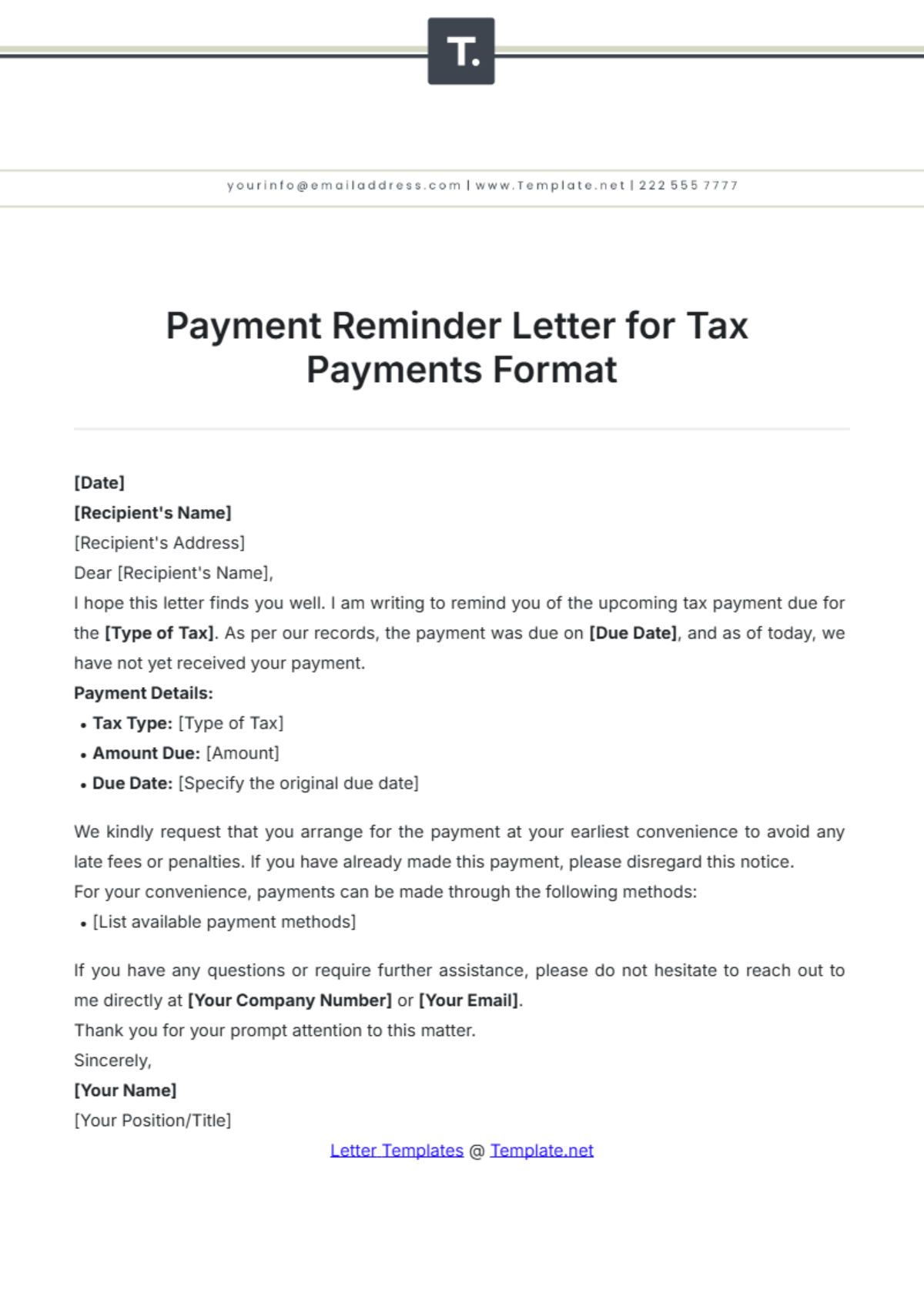 Payment Reminder Letter for Tax Payments Format Template - Edit Online & Download