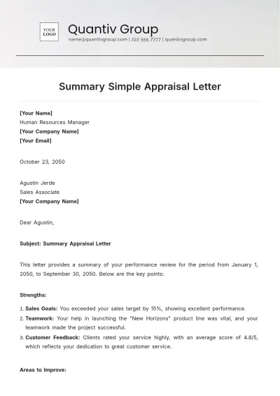 Free Summary Simple Appraisal Letter Template to Edit Online