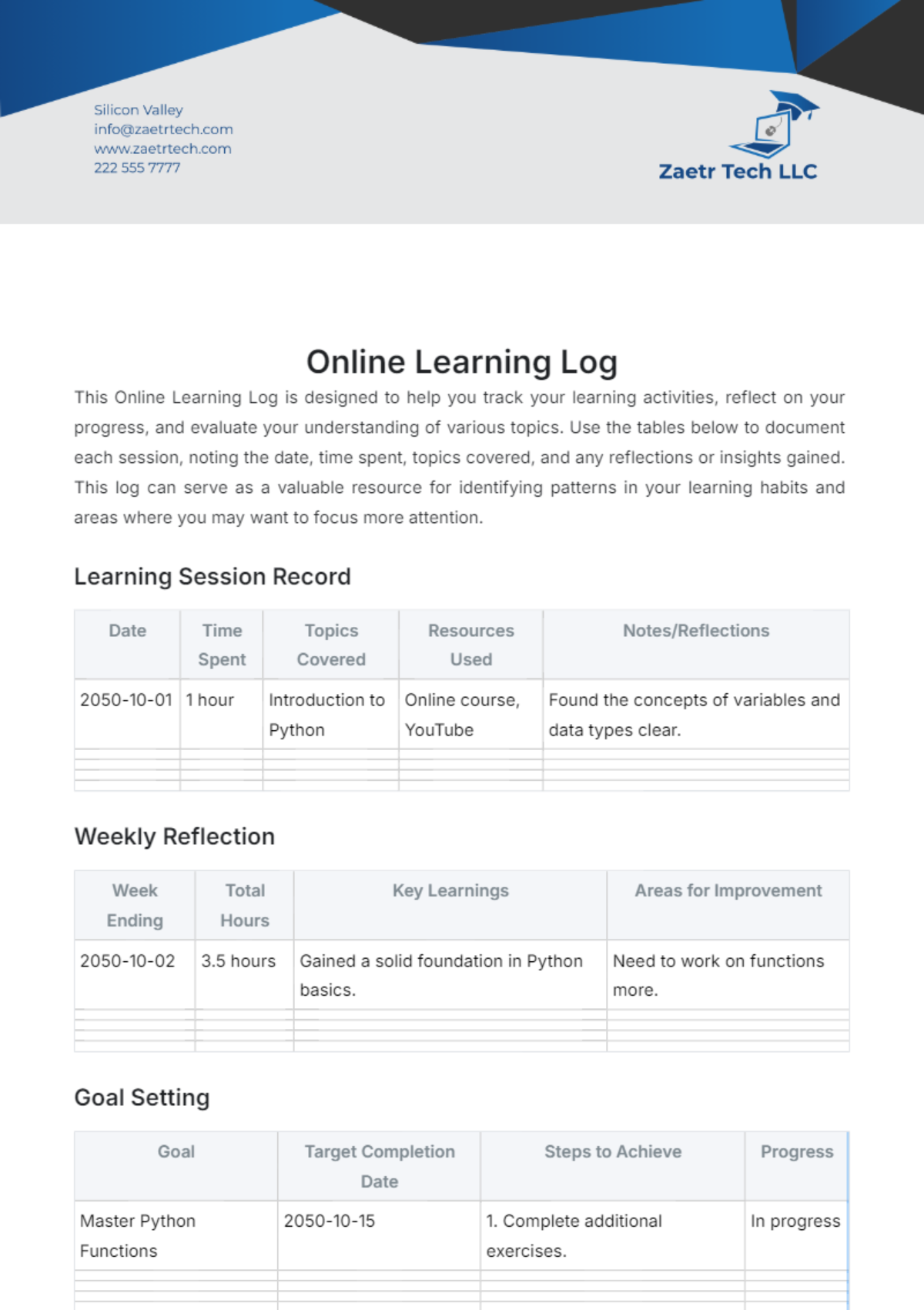 Online Learning Log Template - Edit Online & Download