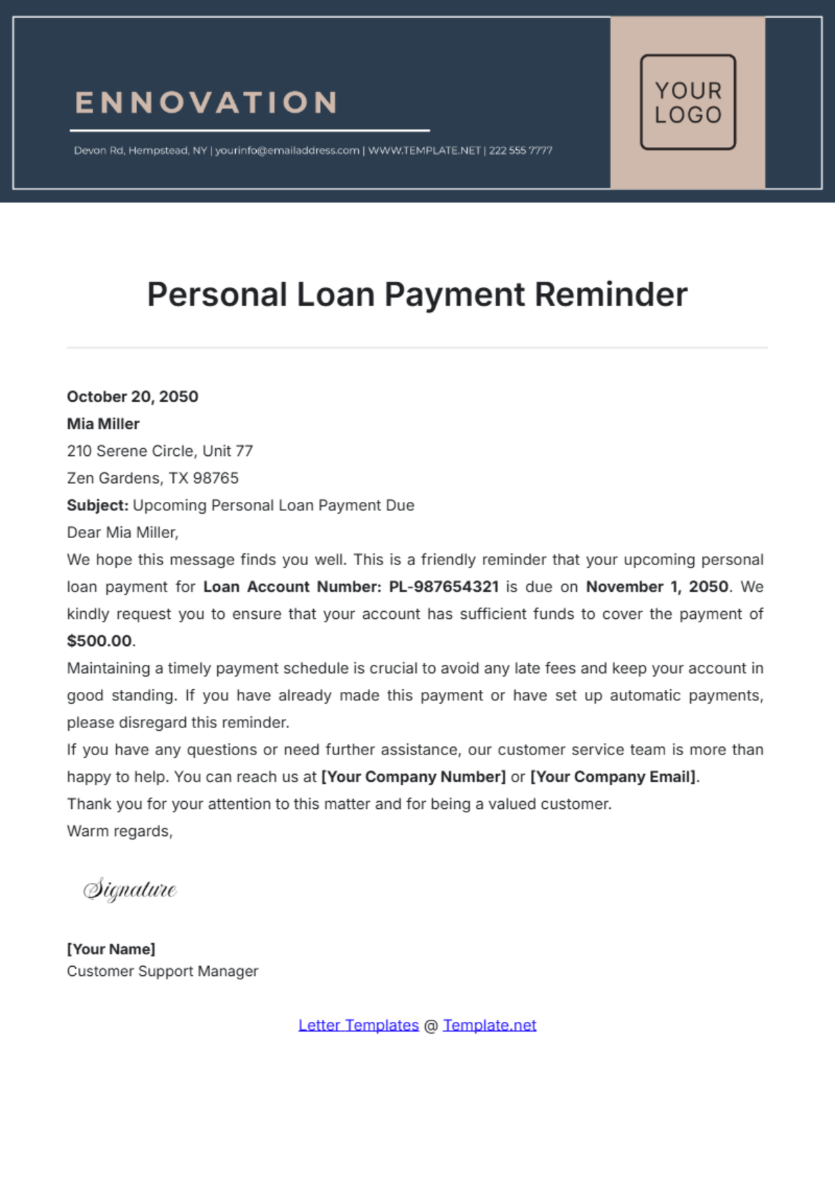 Personal Loan Payment Reminder Template - Edit Online & Download