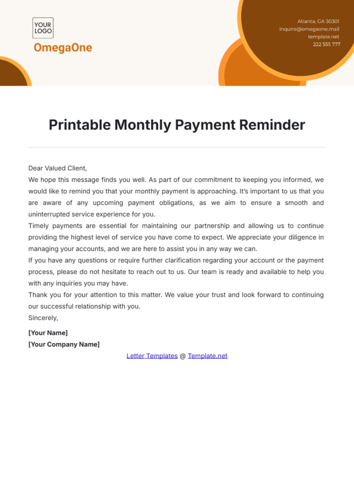 Printable Monthly Payment Reminder Template - Edit Online & Download