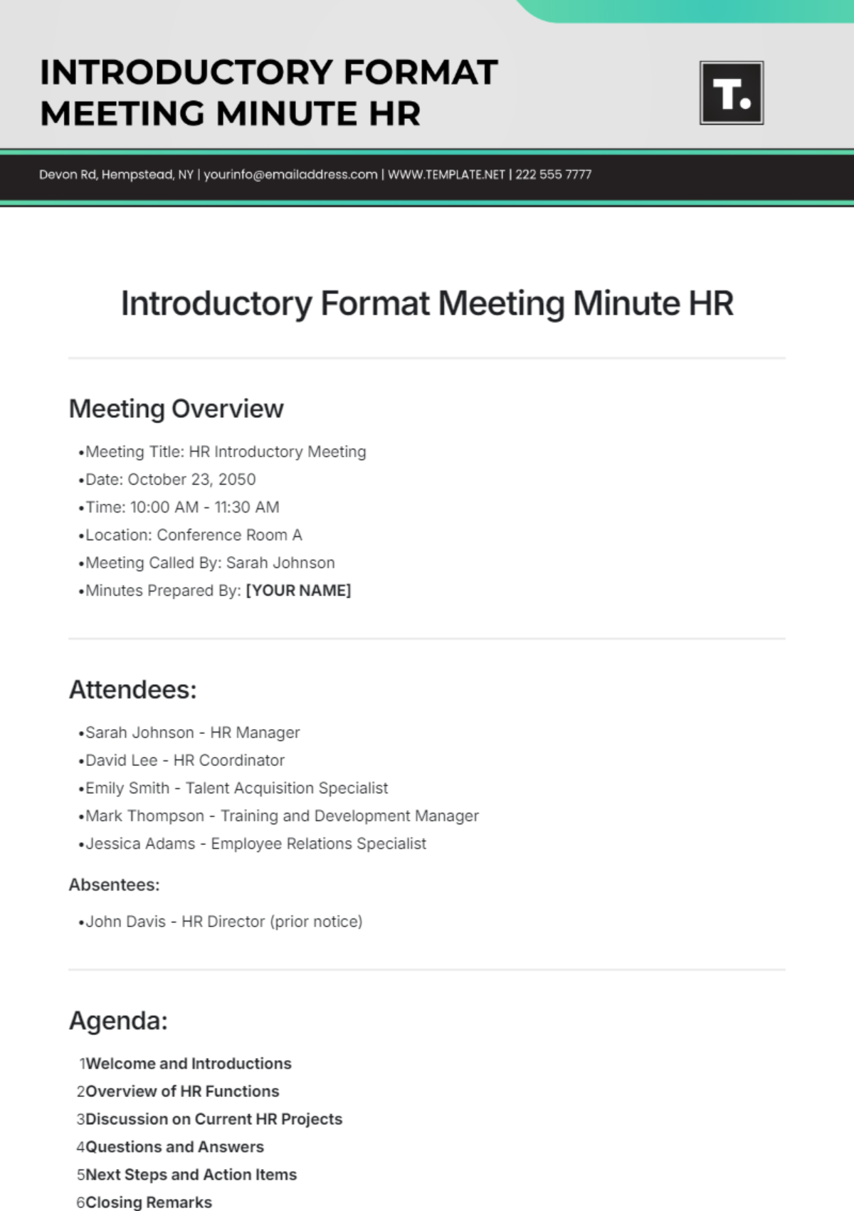 Introductory Format Meeting Minute HR Template - Edit Online & Download