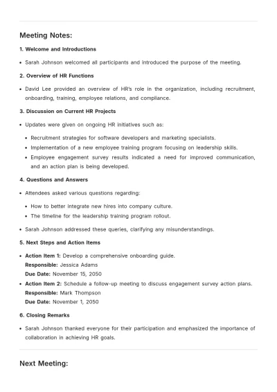 Free Introductory Format Meeting Minute HR Template to Edit Online