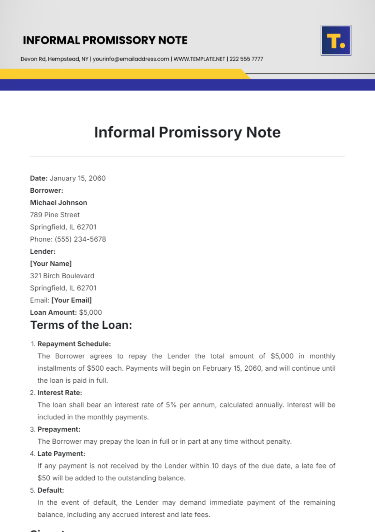 Informal Promissory Note Template