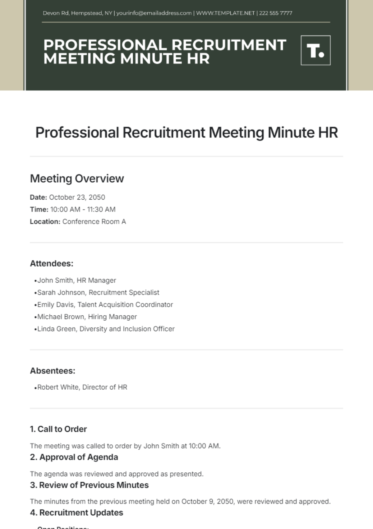 Professional Recruitment Meeting Minute HR Template - Edit Online & Download