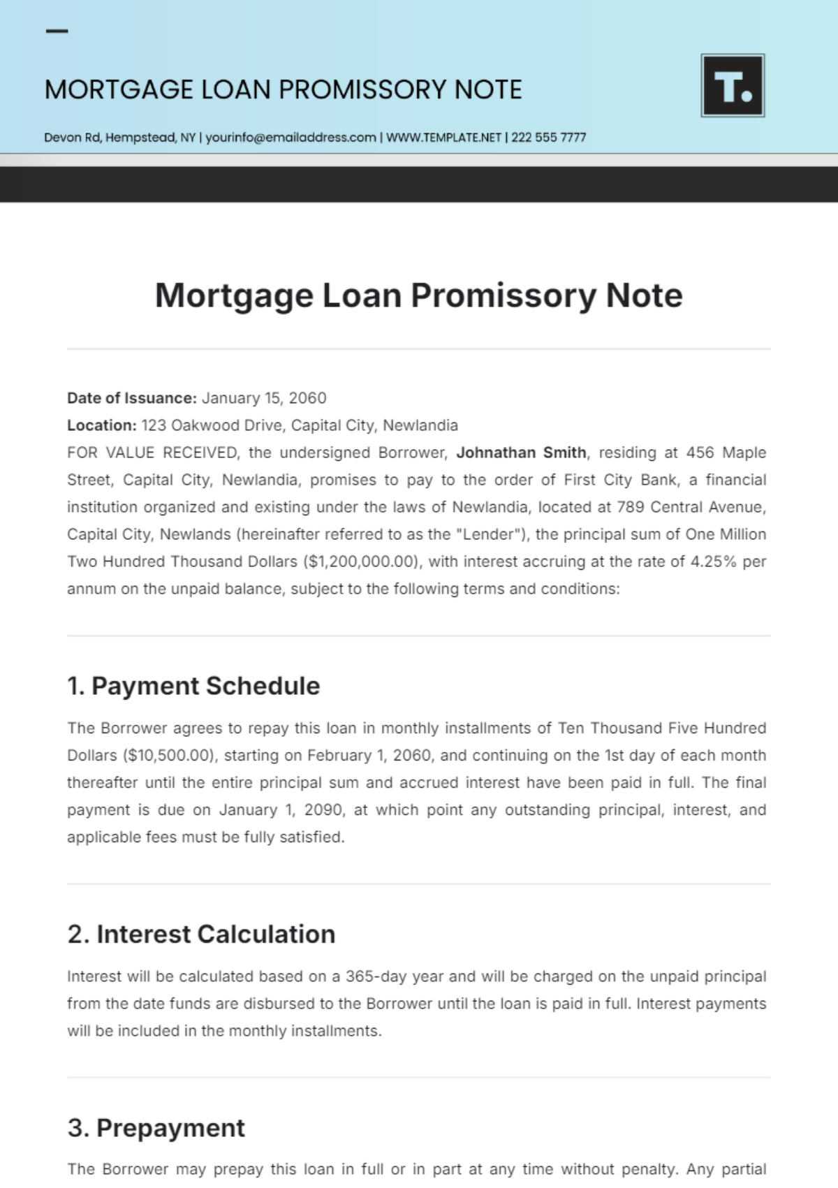 Mortgage Loan Promissory Note Template