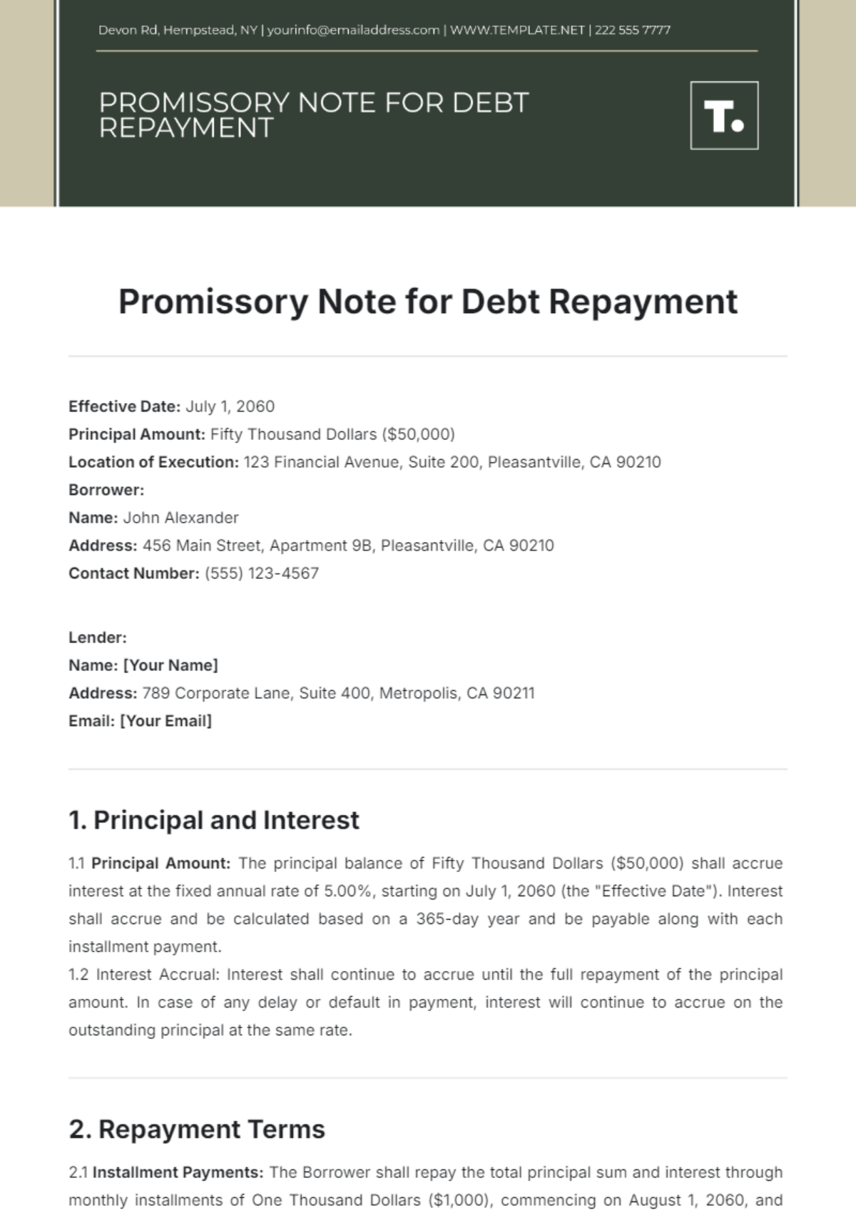 Promissory Note for Debt Repayment Template