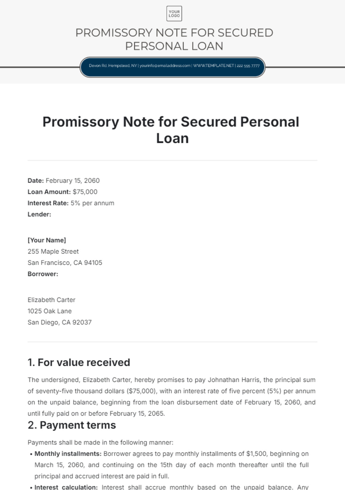 Promissory Note for Secured Personal Loan Template - Edit Online & Download