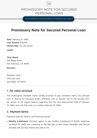 Free Promissory Note for Secured Personal Loan Template to Edit Online