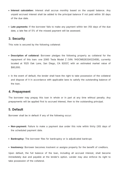 Free Promissory Note for Secured Personal Loan Template to Edit Online