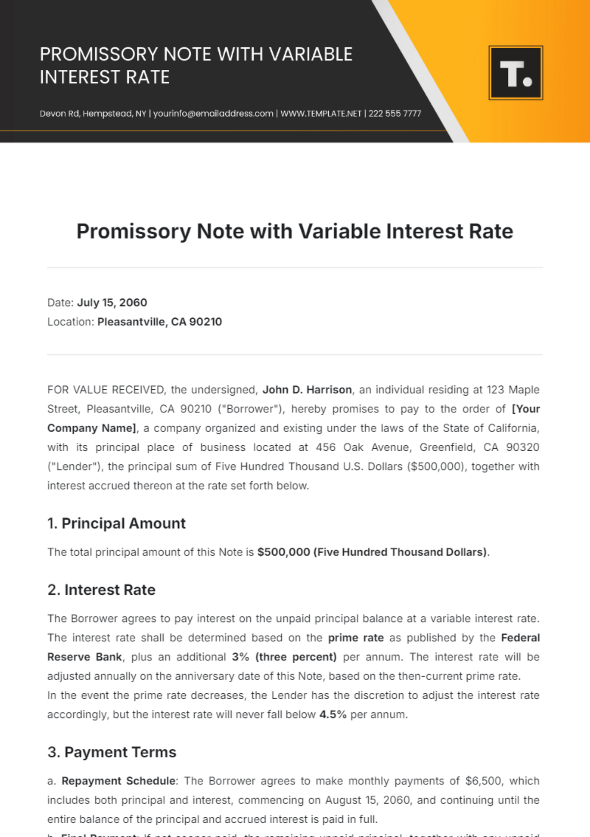 Promissory Note with Variable Interest Rate Template