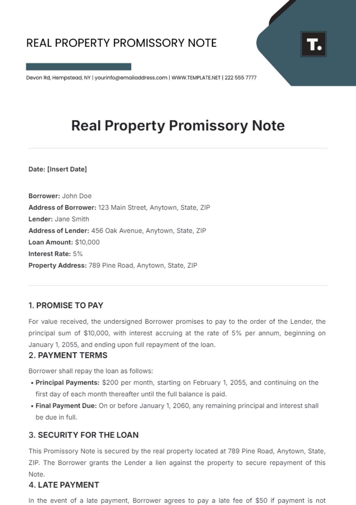 Blank Real Property Promissory Note Template