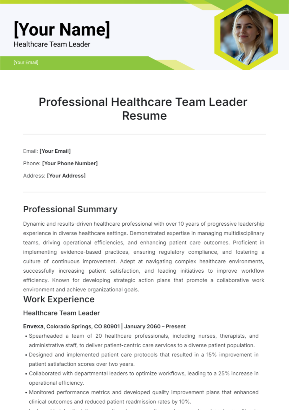 Professional Healthcare Team Leader Resume Template - Edit Online & Download