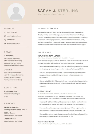 Free Professional Healthcare Team Leader ATS Resume Template