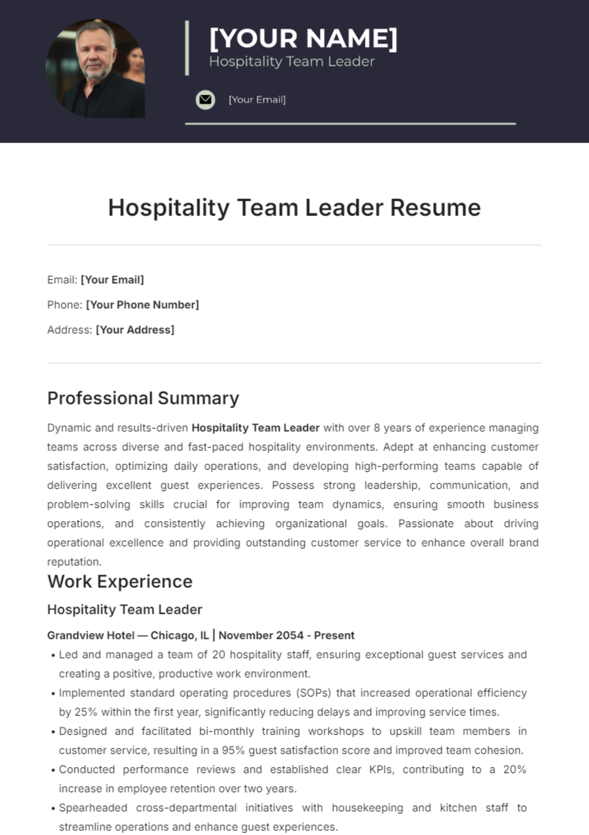 Hospitality Team Leader Resume Template - Edit Online & Download