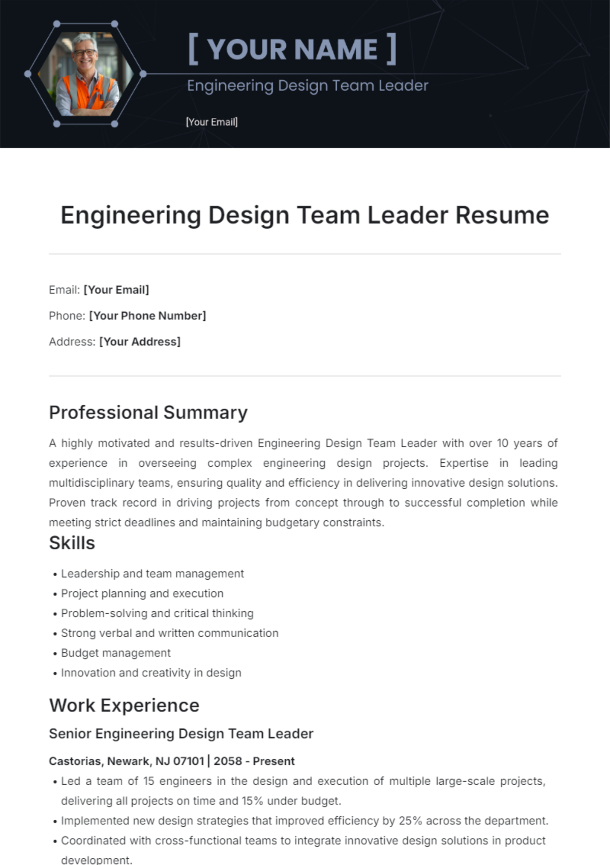 Engineering Design Team Leader Resume Template - Edit Online & Download