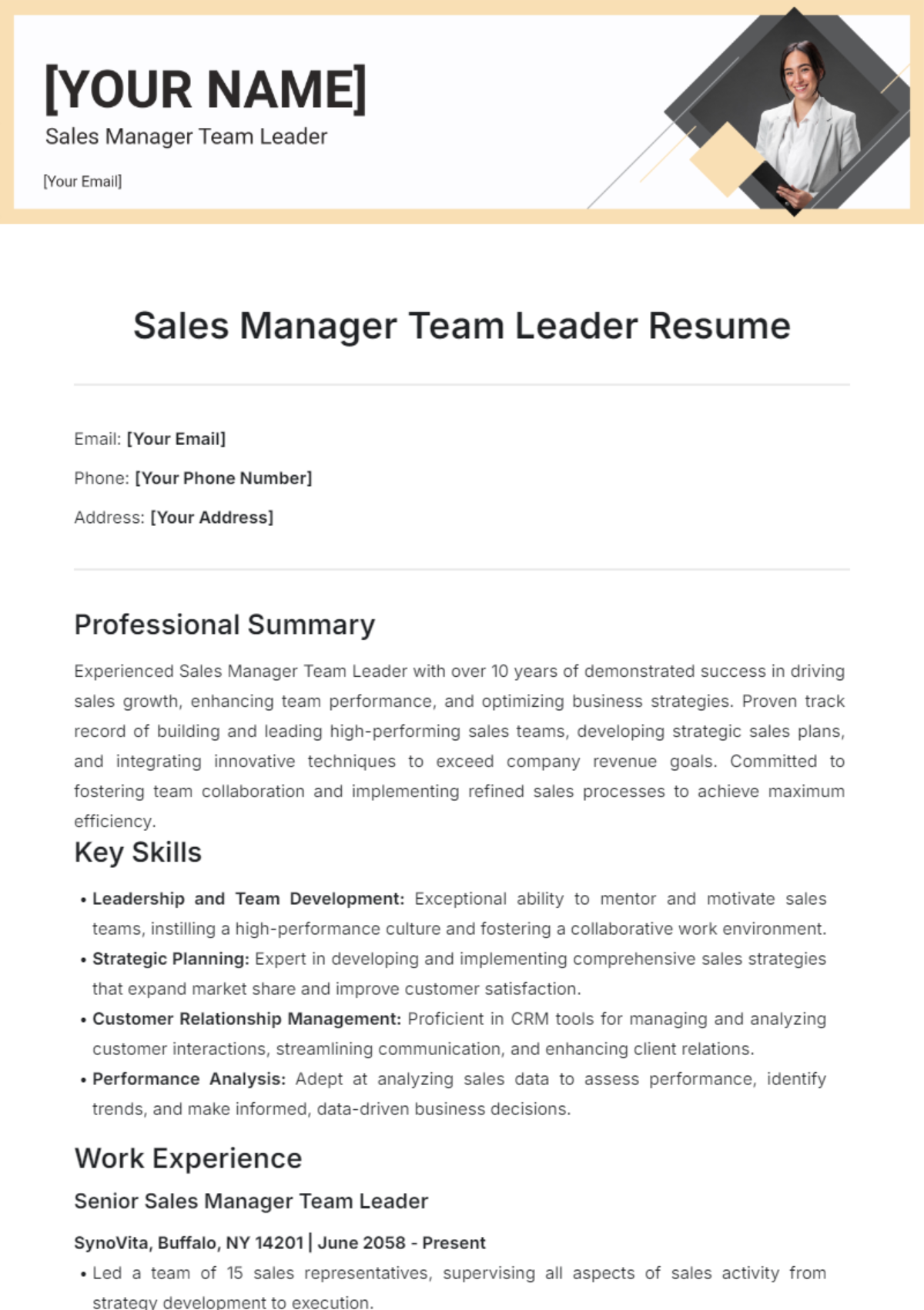 Sales Manager Team Leader Resume Template - Edit Online & Download