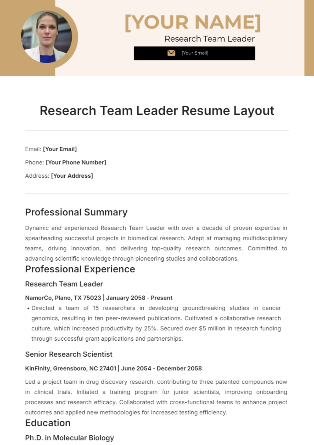 Research Team Leader Resume Layout Template - Edit Online & Download