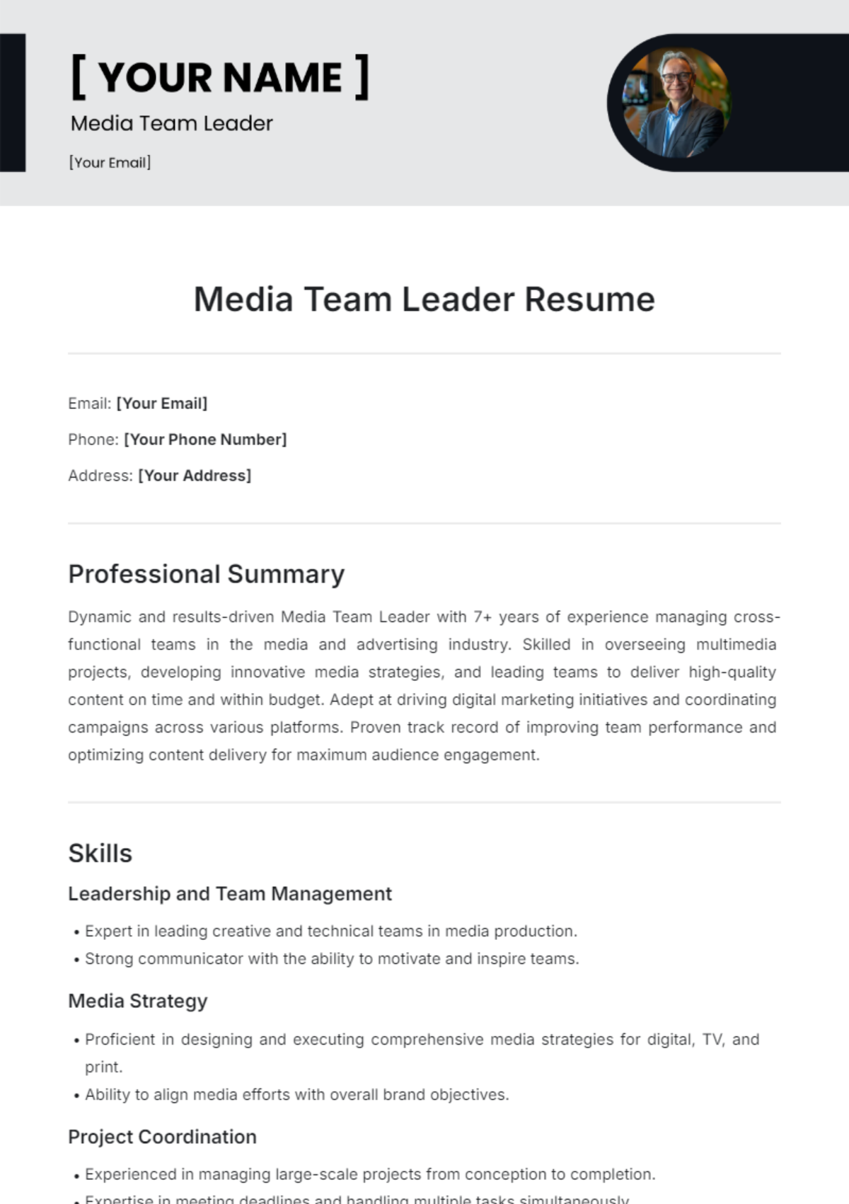 Media Team Leader Resume Template - Edit Online & Download