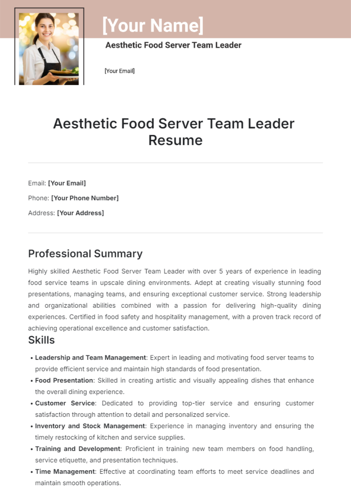 Aesthetic Food Server Team Leader Resume Template - Edit Online & Download