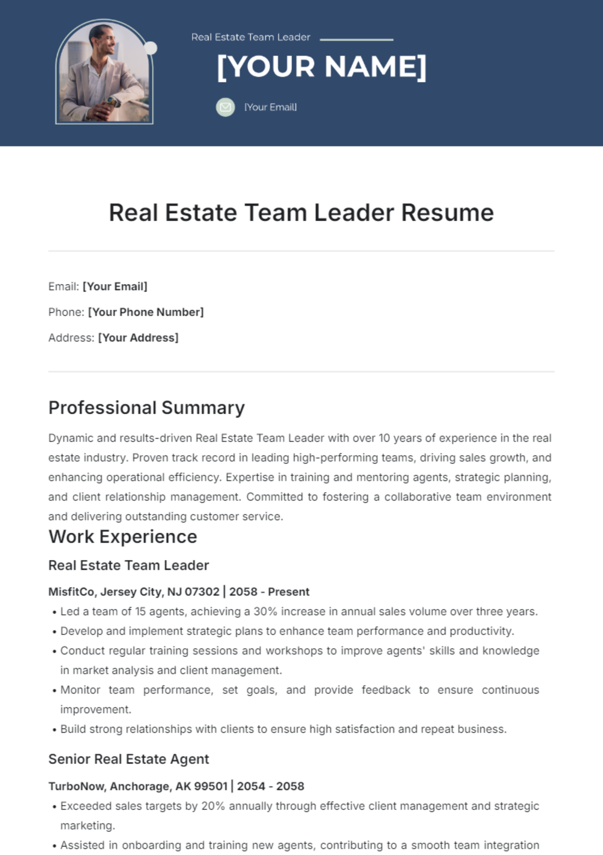 Real Estate Team Leader Resume Template - Edit Online & Download