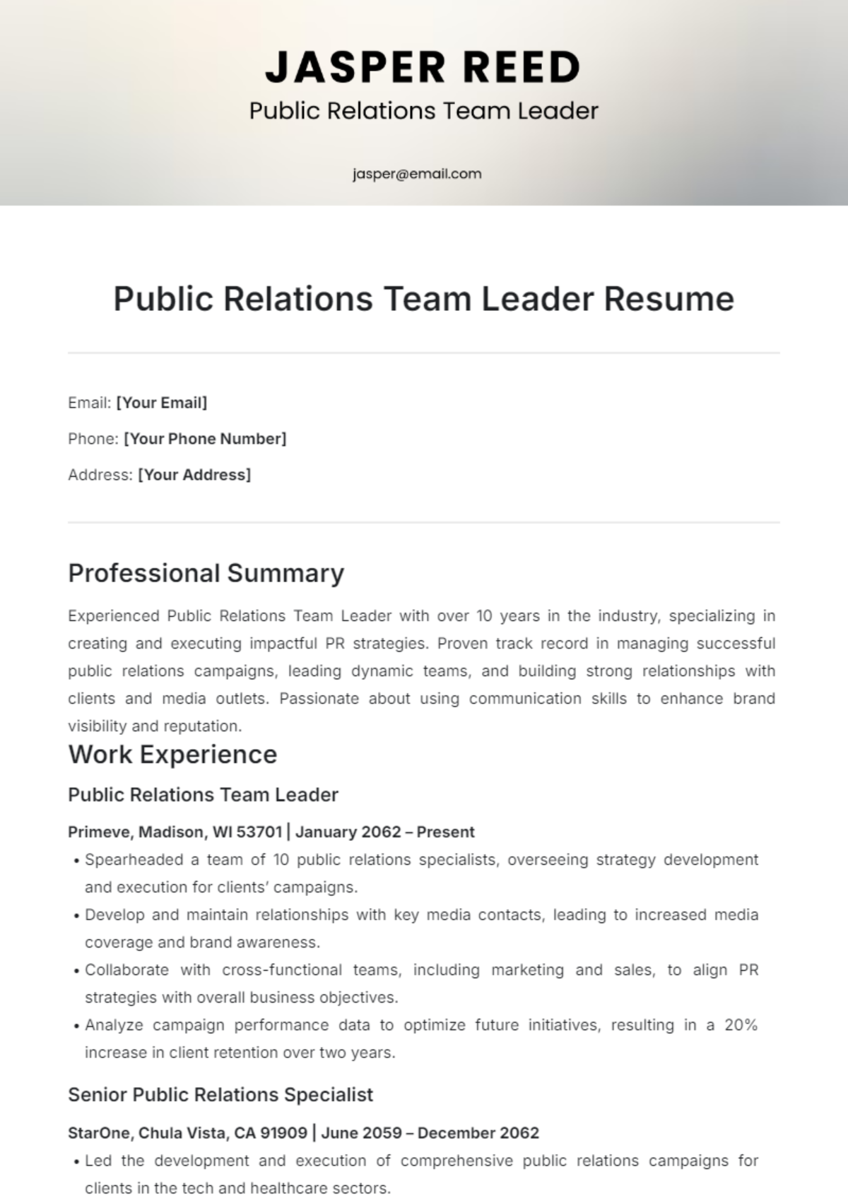 Public Relations Team Leader Resume Template - Edit Online & Download