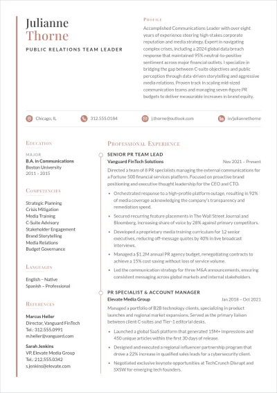 Free Public Relations Team Leader ATS Resume Template
