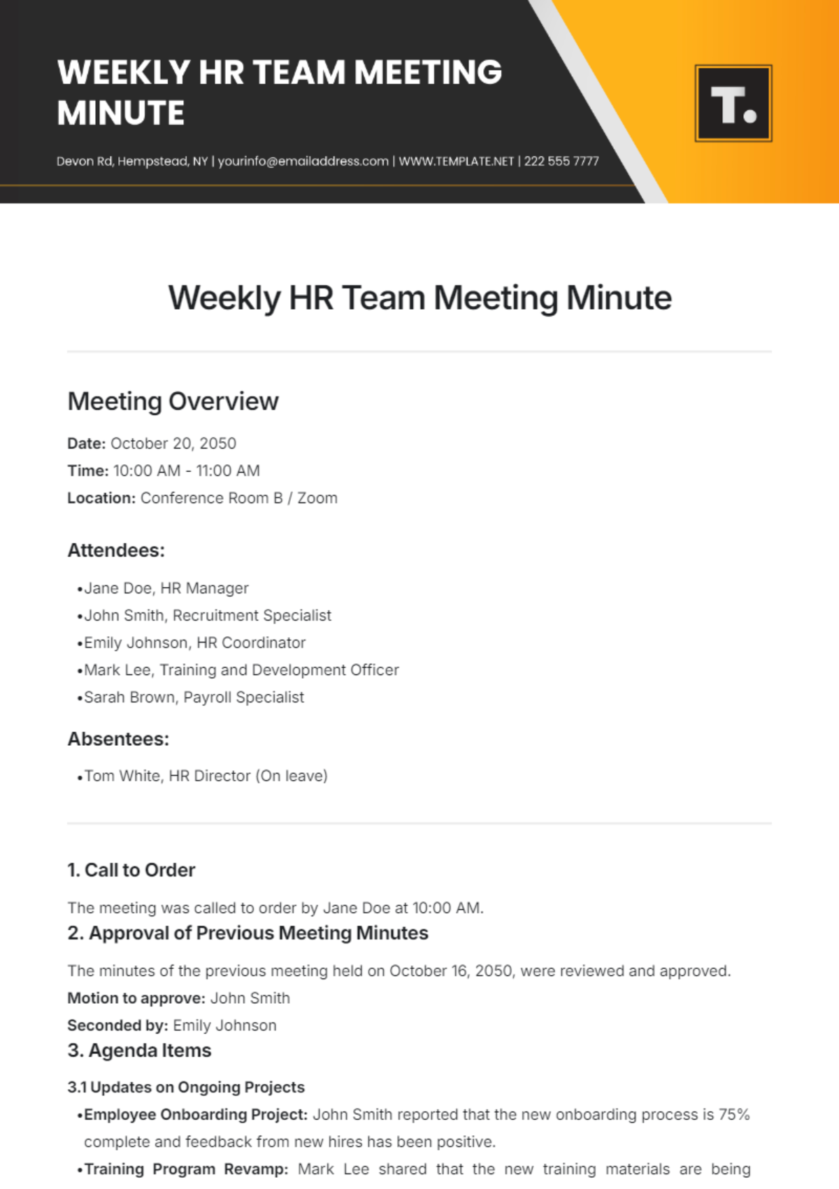 Weekly HR Team Meeting Minute  Template - Edit Online & Download