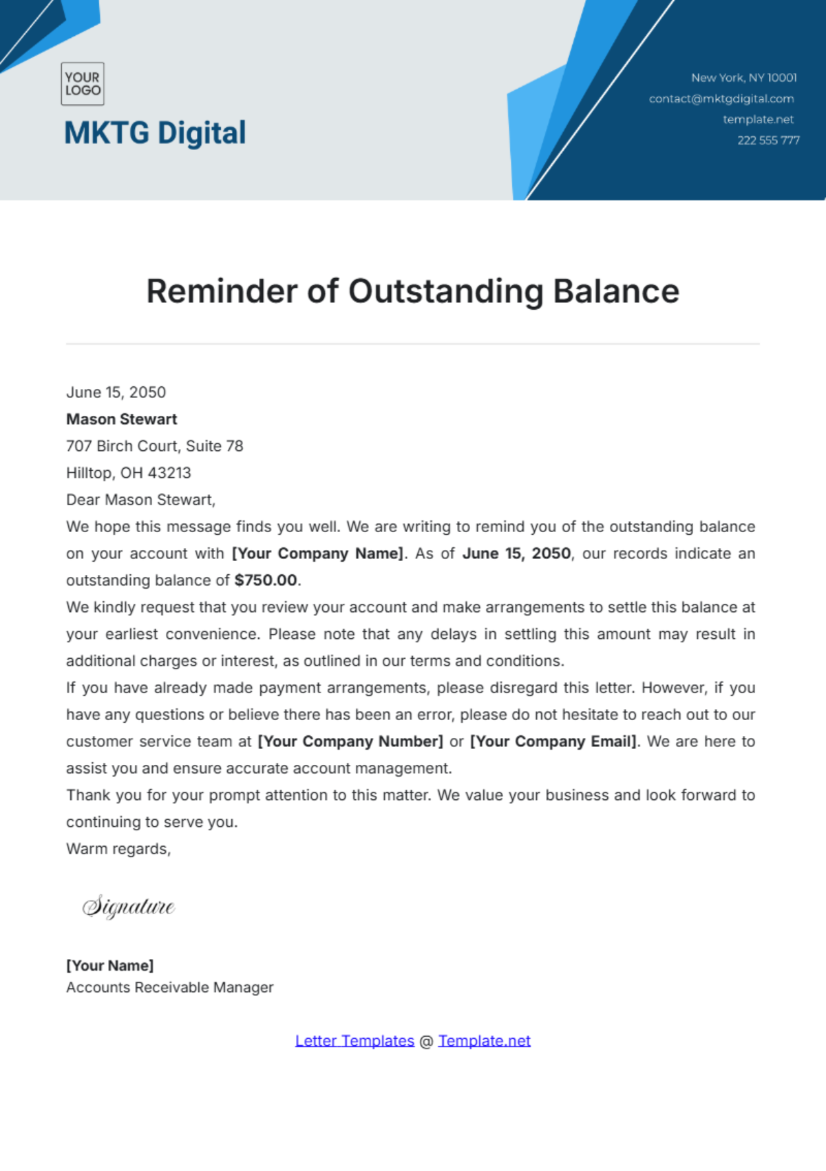 Reminder of Outstanding Balance Template - Edit Online & Download