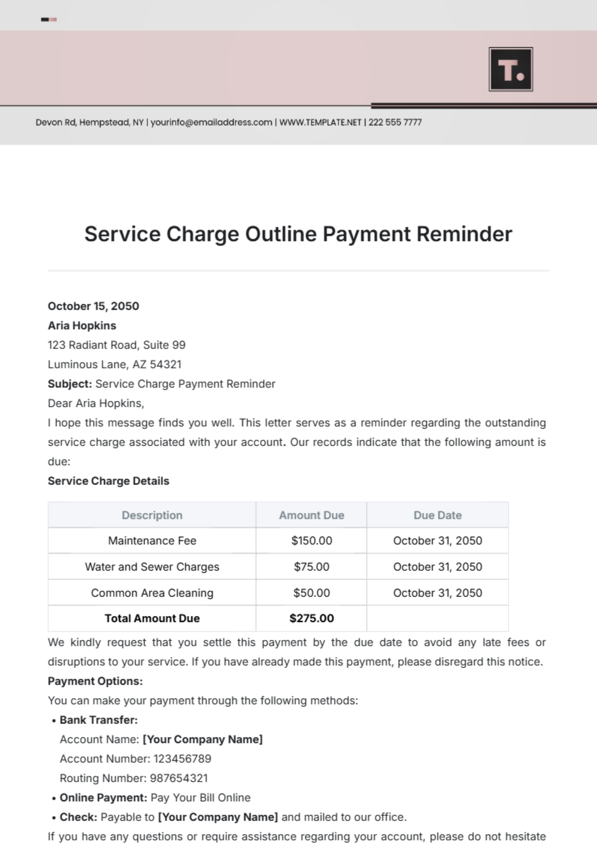 Service Charge Outline Payment Reminder Template - Edit Online & Download