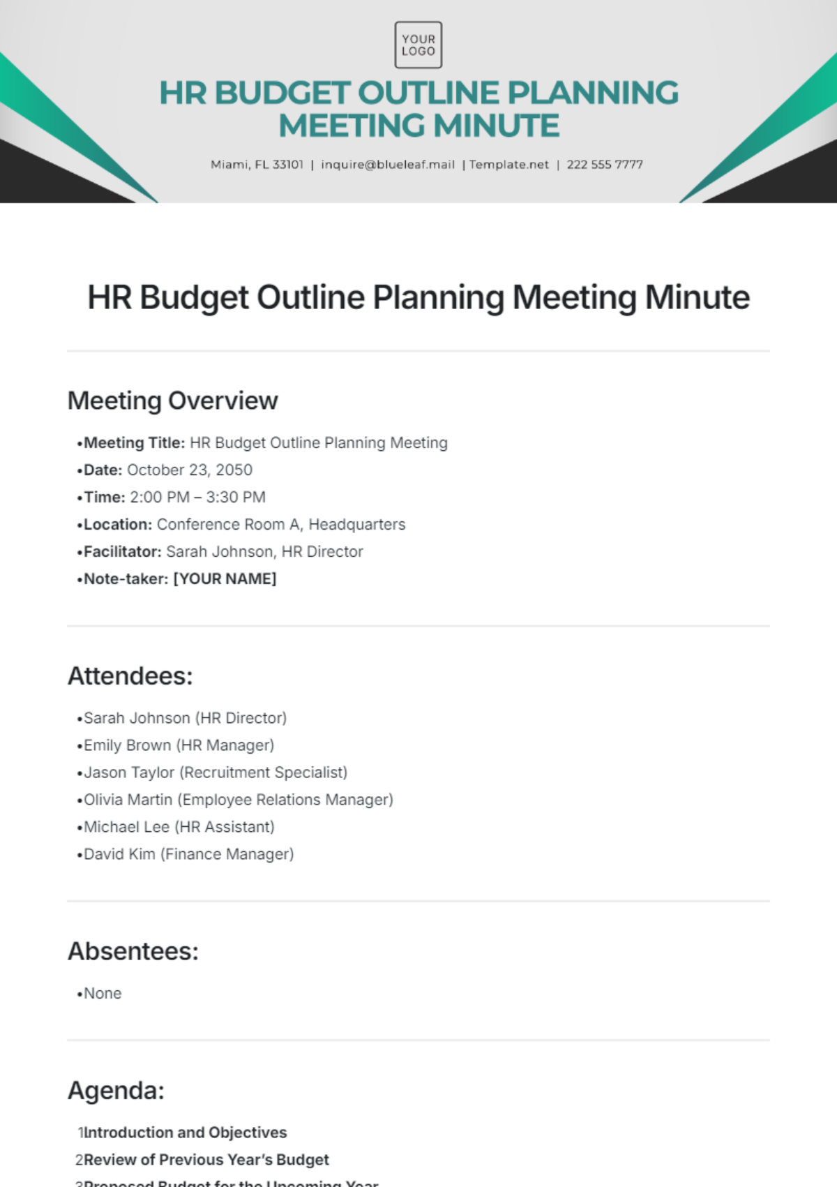 HR Budget Outline Planning Meeting Minute Template - Edit Online & Download