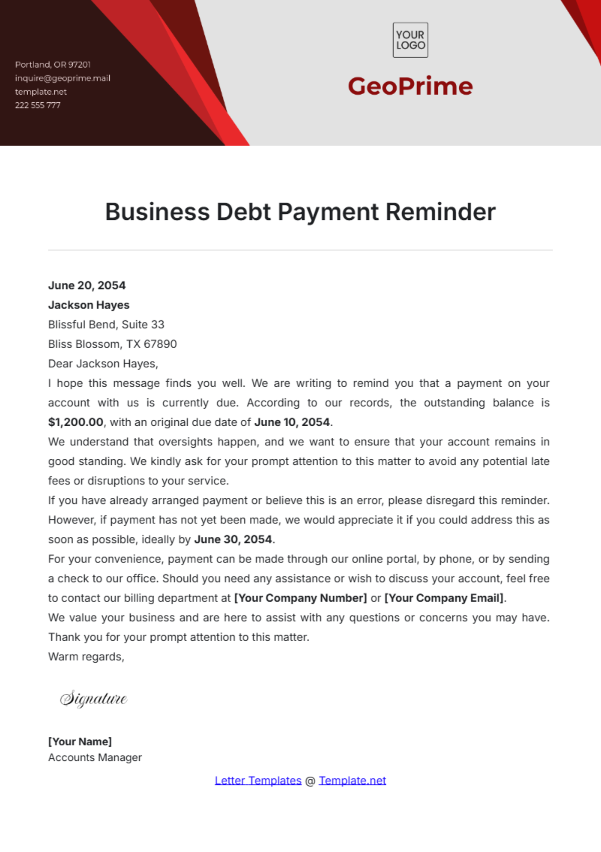 Business Debt Payment Reminder Template - Edit Online & Download