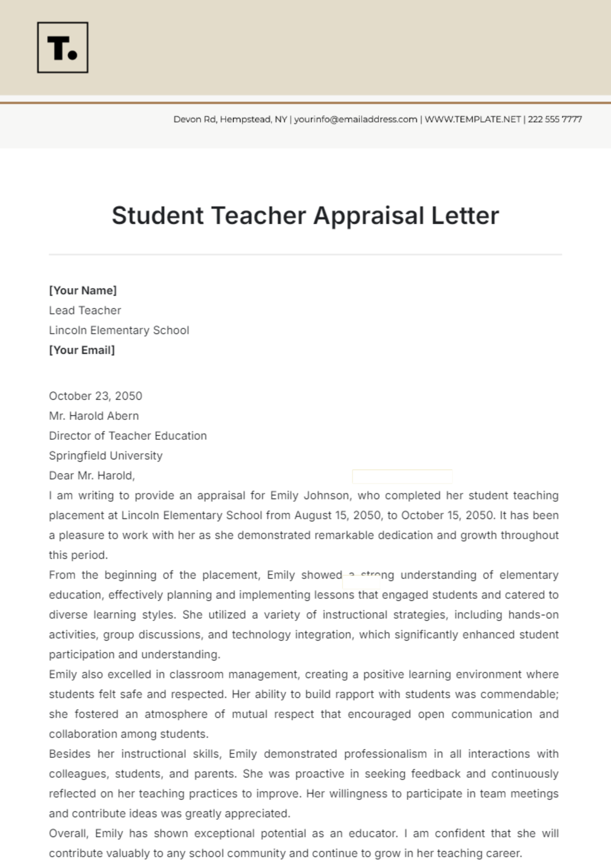 Student Teacher Appraisal Letter Template - Edit Online & Download