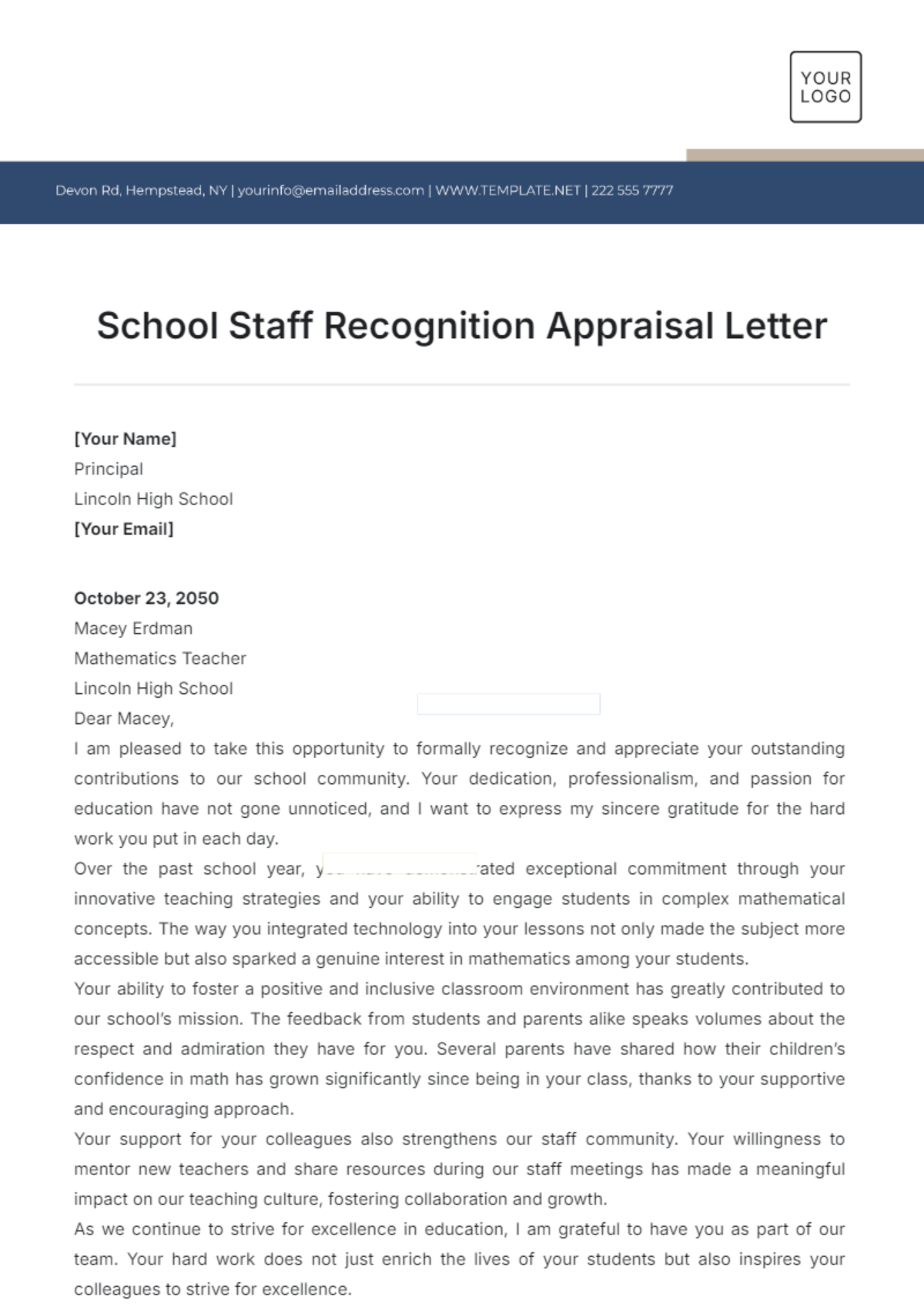 School Staff Recognition Appraisal Letter Template - Edit Online & Download