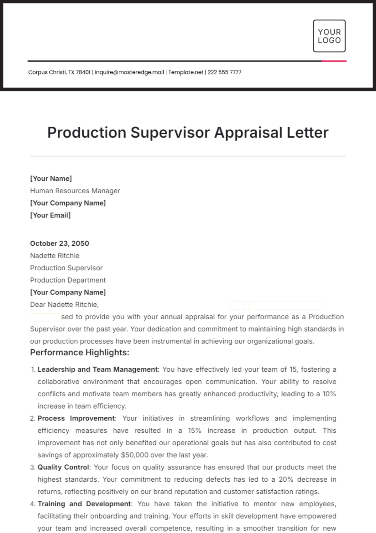 Production Supervisor Appraisal Letter Template - Edit Online & Download