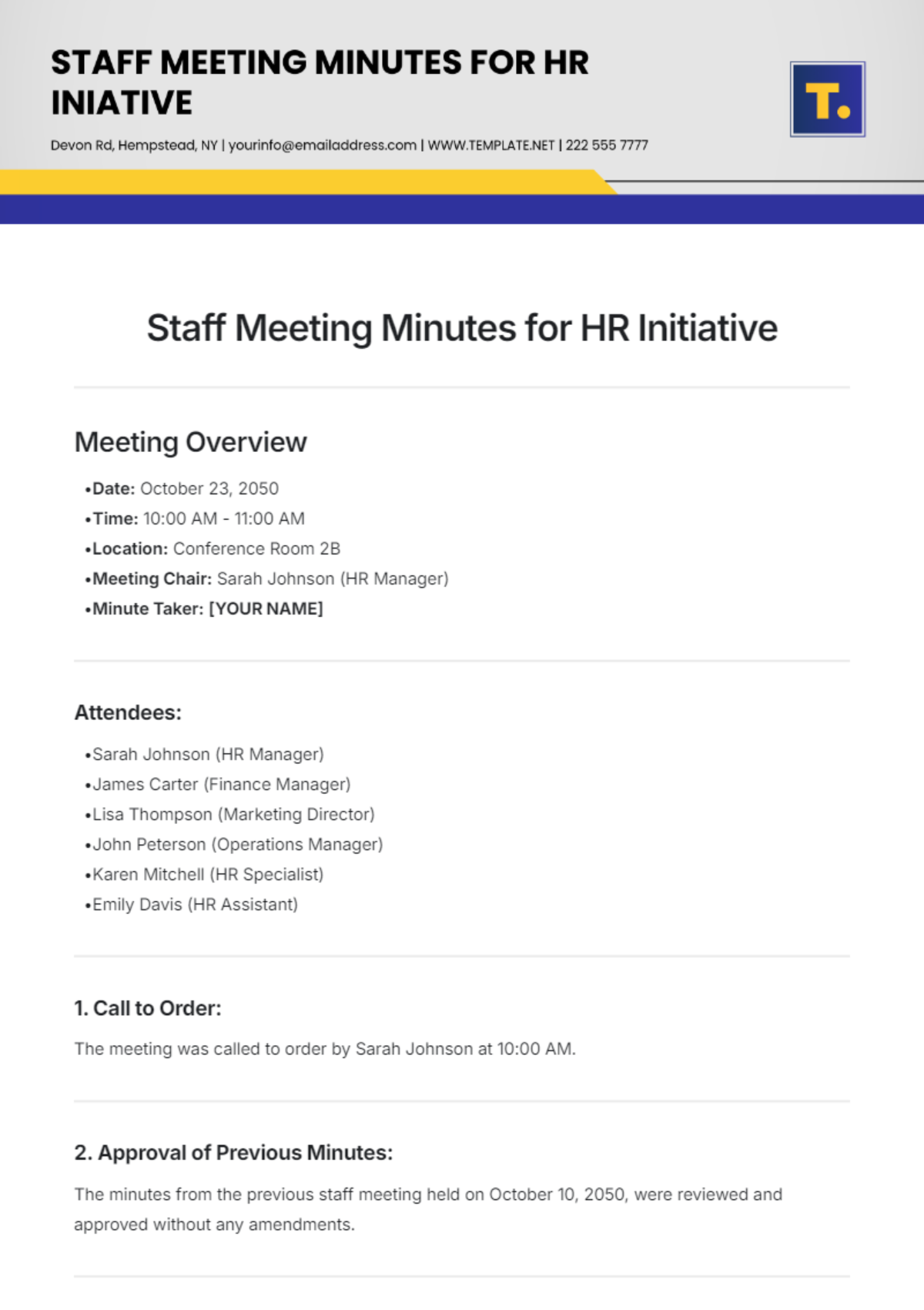 Staff Meeting Minutes for HR Initiative  Template - Edit Online & Download